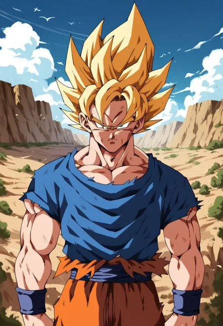 score_9, score_8_up, score_7_up, score_6_up,rating_questionable,portrait,((Solo:1.0)),(Son goku), without a shirt,(super expresive), ultradetailed, masterpiece, best quality, highres, in desert, montains, clouds, trees