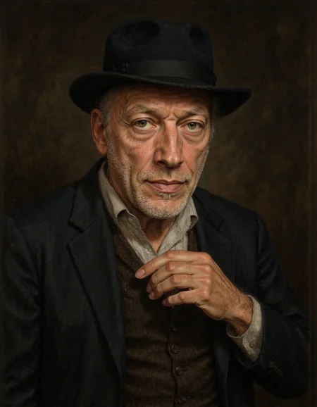 Rembrandt style <lora:Dark_Ghibli:0.6>, masterpiece portrait of old man, <lora:4oCaricature_early:0.6>, mid body, portrait, <lora:DAVID_GILMOUR:1> . Baroque, chiaroscuro, realistic, emotional, "flat lighting
