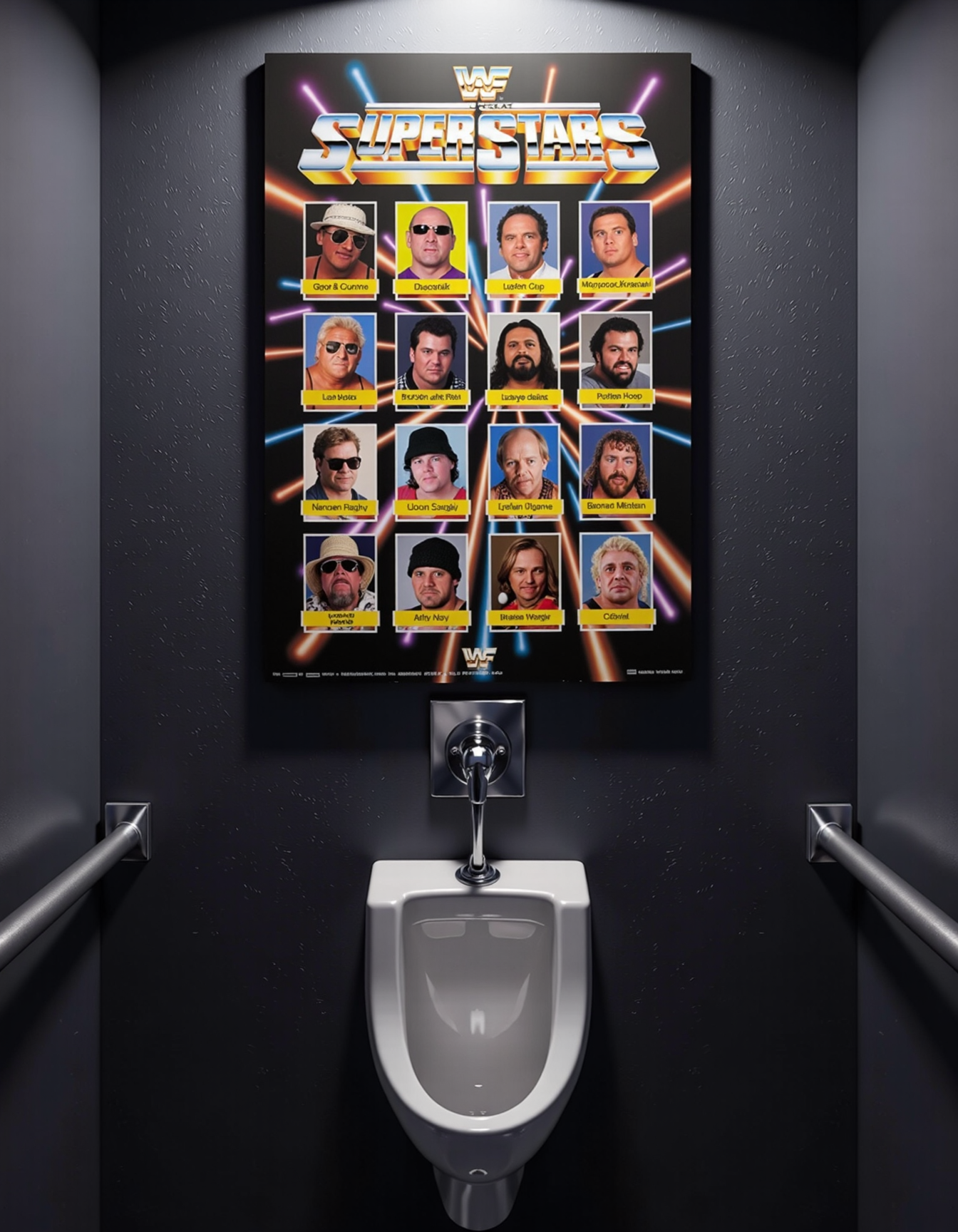 A 1980s 3D WWF Superstars roster poster, featuring the ugliest and most disturbing wrestlers in history, hanging on the wall above a urinal.  glow effects, godrays, Hand drawn, render, 8k, cinema 4d, dark, atmospheric 4k ultra detailed, cinematic, Sharp focus, big depth of field, Masterpiece, colors, 3d octane render, 4k, concept art, hyperrealistic, Vivid colors, extremely detailed wallpaper, Intricate, High Detail, dramatic