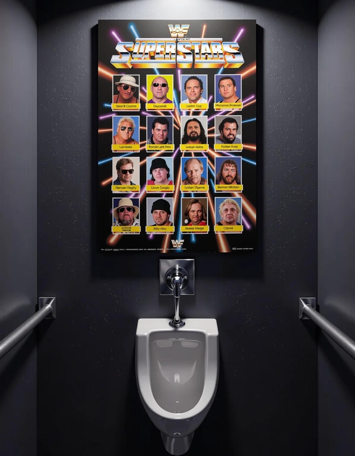 A 1980s 3D WWF Superstars roster poster, featuring the ugliest and most disturbing wrestlers in history, hanging on the wall above a urinal. glow effects, godrays, Hand drawn, render, 8k, cinema 4d, dark, atmospheric 4k ultra detailed, cinematic, Sharp focus, big depth of field, Masterpiece, colors, 3d octane render, 4k, concept art, hyperrealistic, Vivid colors, extremely detailed wallpaper, Intricate, High Detail, dramatic