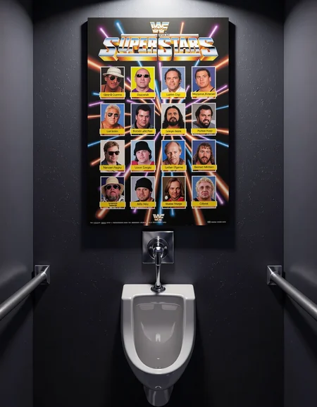 A 1980s 3D WWF Superstars roster poster, featuring the ugliest and most disturbing wrestlers in history, hanging on the wall above a urinal.  glow effects, godrays, Hand drawn, render, 8k, cinema 4d, dark, atmospheric 4k ultra detailed, cinematic, Sharp focus, big depth of field, Masterpiece, colors, 3d octane render, 4k, concept art, hyperrealistic, Vivid colors, extremely detailed wallpaper, Intricate, High Detail, dramatic