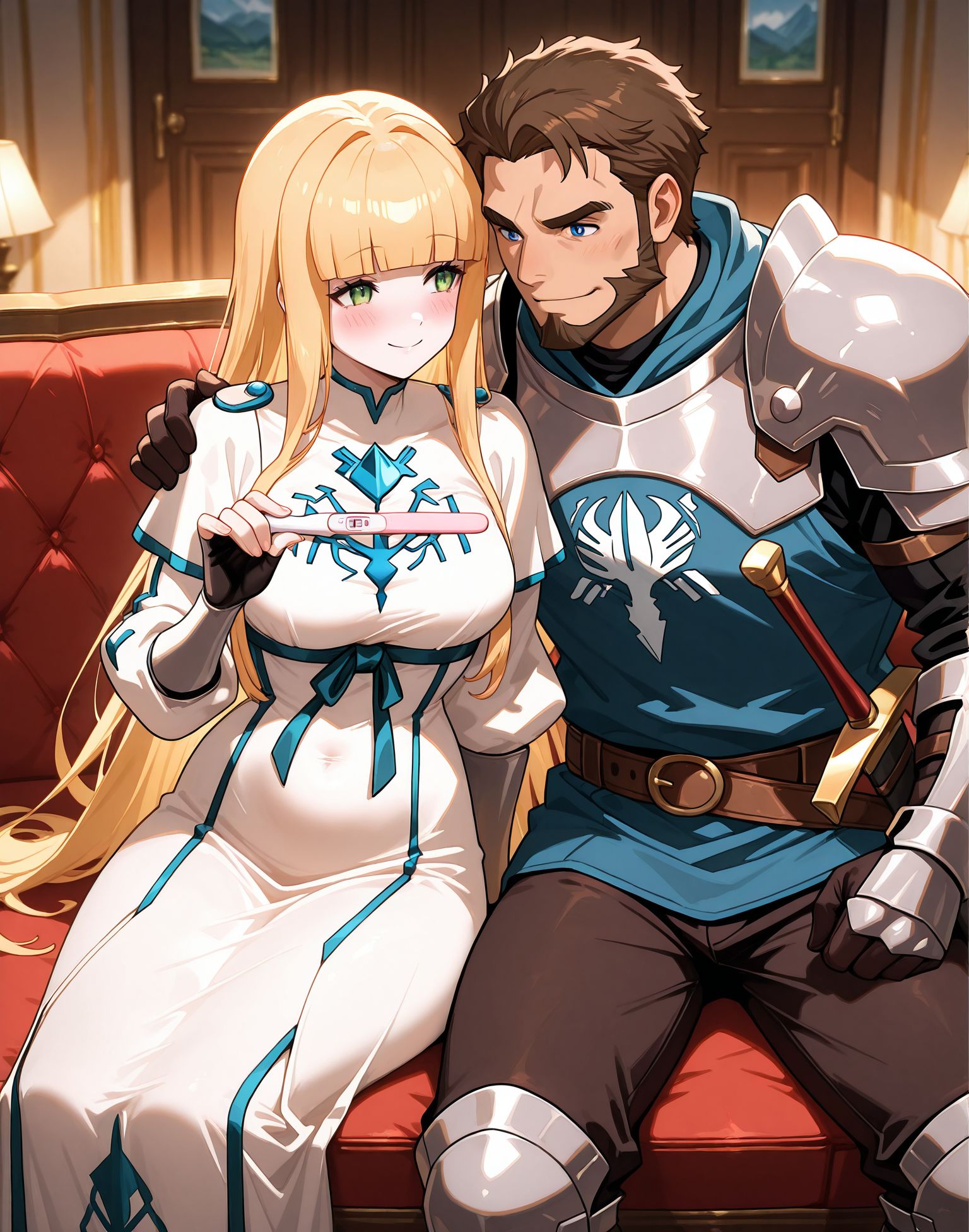 masterpiece,best quality,amazing quality,very aesthetic,absurdres,newest, huge filesize,
<lora:spo_sdxl_10ep_4k-data_lora_webui:0.5>, 
<lora:add-detail-xl:1> overlord,official art, 
anime screenshot,  
<lora:Pregnancy test_illustrious_V1.0:0.8> pregnancy test, holding, smile, blush, cuddling, 
BREAK
pregnancy test, holding, smile, blush,
 sidelocks,   blunt bangs,   hair ornament , 
white robe, blue mark in  chest,   long sleeves,white fingerless gloves, 
long hair. green eyes,  white dress,
blonde hair female , long skirt,
white dress, milf,
thighhighs.
o_calca, human female,long blackout curtain,
<lora:overlord_The_Sacred_Kingdom_V1:0.7>
overlord_V1,
BREAK
short hair,   
weapon,armor,
sword,brown hair,
short hair,shoulder armor, male focus, 
full body,
boots,gloves,pauldrons,
sheath,belt, , blue eyes,
o_Isandro,   muscular male, messy hair, thick eyebrows,beard,
