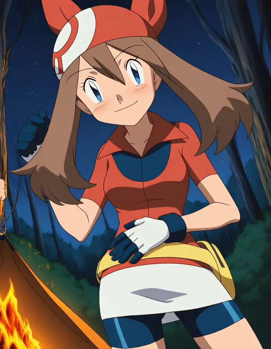 score_9, score_8_up, score_7_up, source_anime, <lora:pokemon-may-anime-illustrious-lora-nochekaiser:1>, pokemonmay, 1girl, may (pokemon), blue eyes, brown hair, bandana, long hair, red bandana, twintails, hair between eyes,, bike shorts, collared shirt, gloves, microskirt, multicolored shirt, pencil skirt, red shirt, shirt, short sleeves, skirt, white skirt,, camping, bonfire, tent, stargazing, marshmallows, forest clearing, night, smile, looking at viewer, hand on stomach, blush,, solo,, cowboy shot, dutch angle, solo