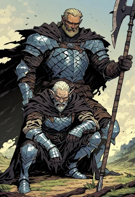 masterpiece, best quality, newest, absurdres, highres, GOTAV1.0,
1boy, manly, elf, beard, muscular male, blonde, blonde hair, armor, cape, scar, scar on fac,e, chestplae, chest armor, old, old man,
dynamic pose, polearm, holding polearm, holding weapon, weapon, halberd, holding halberd
