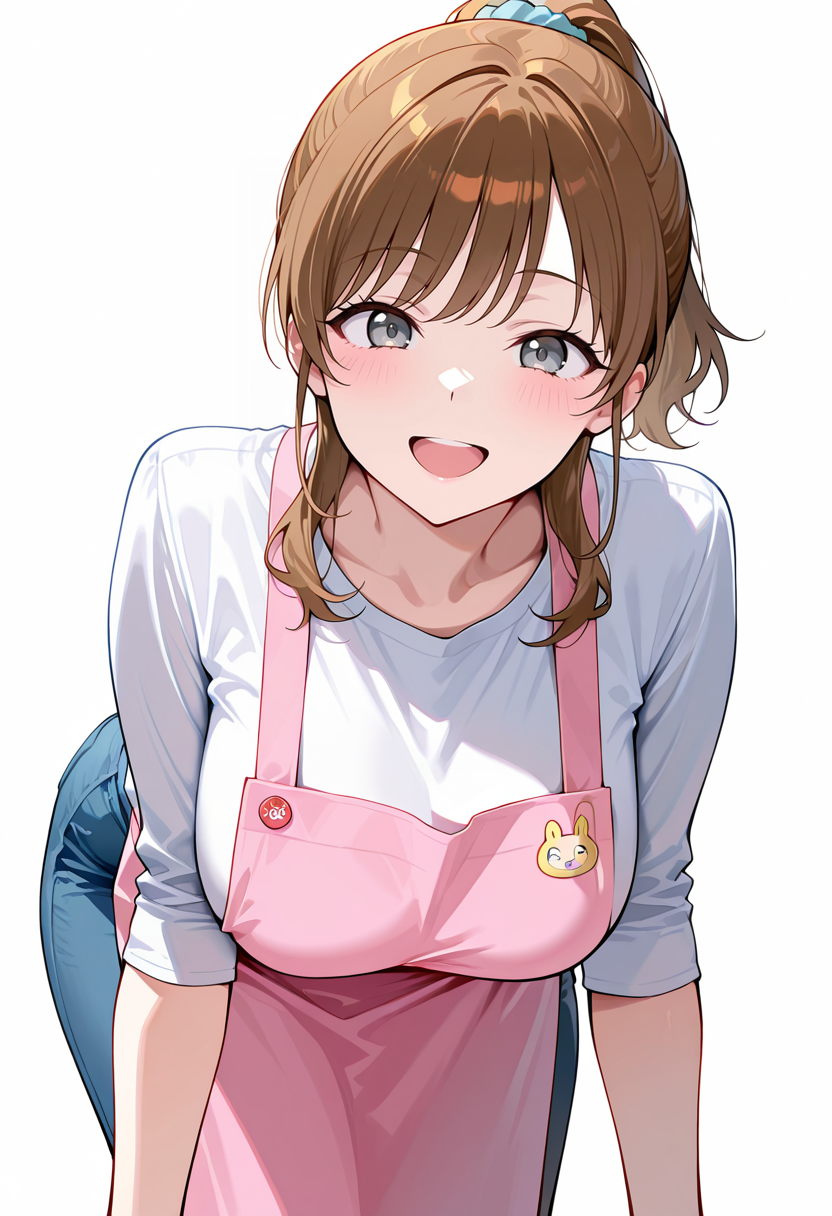 best quality, amazing quality cowboy shot, simple background,((outlined outlined vector graphics)), simple background, cowboy shot, simple background, white background,
1girl, 20yo, brown hair, gray eyes, (large breast:1), (ponytail:1.1), medium hair,(curvy:1.1),bangs ,cute face, solo,
 pov ,  looking at viewer ,  looking at viewer , smile, peaceful, 
, shirt,pants, nursery teacher, nursery-teacher-apron, smile,open mouth , pinkyellow apron,   all fours ,  ,  action pose , ,
 <lora:nursery-teacher-apron-il-01:0.7>
