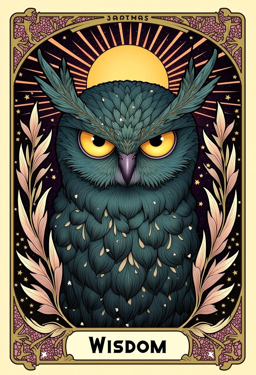 Mysterious owl with wide, glowing eyes, poster with the text “WISDOM”, visual flourishes of feathers and star patterns, illustration in the style of ARTNV