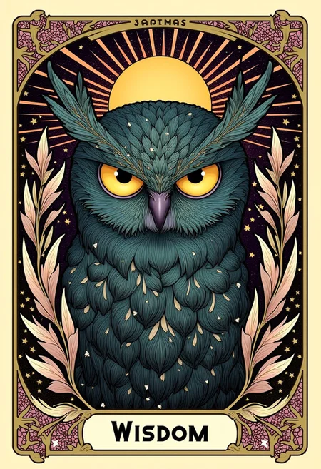 Mysterious owl with wide, glowing eyes, poster with the text “WISDOM”, visual flourishes of feathers and star patterns, illustration in the style of ARTNV