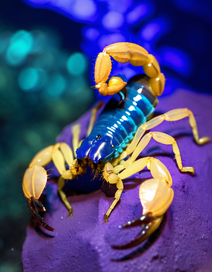 (Realistic:1.5) EdobScorpion, underwater, nude, monster, blue theme, acrylic paint (medium), long hair, blurry, purple theme, claws, rock, shorts, <lora:EdobScorpionPhotoReal_XL_v1.0:0.8>