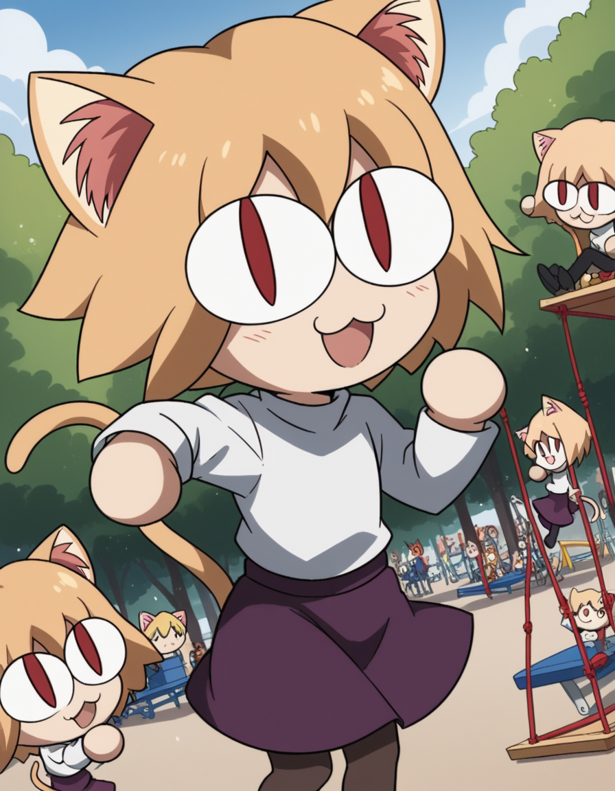 score_9, score_8_up, score_7_up, source_anime, <lora:carnivalphantasm-neco-arc-ova-ponyxl-lora-nochekaiser:1>, neco arc, short hair, blonde hair, red eyes, animal ears, tail, cat ears, chibi, cat tail, slit pupils,, skirt, pantyhose, sweater, purple skirt,, public park, playground, swing set, laughter, sunny day, smile, looking at viewer, smile, solo,, dutch angle, cowboy shot