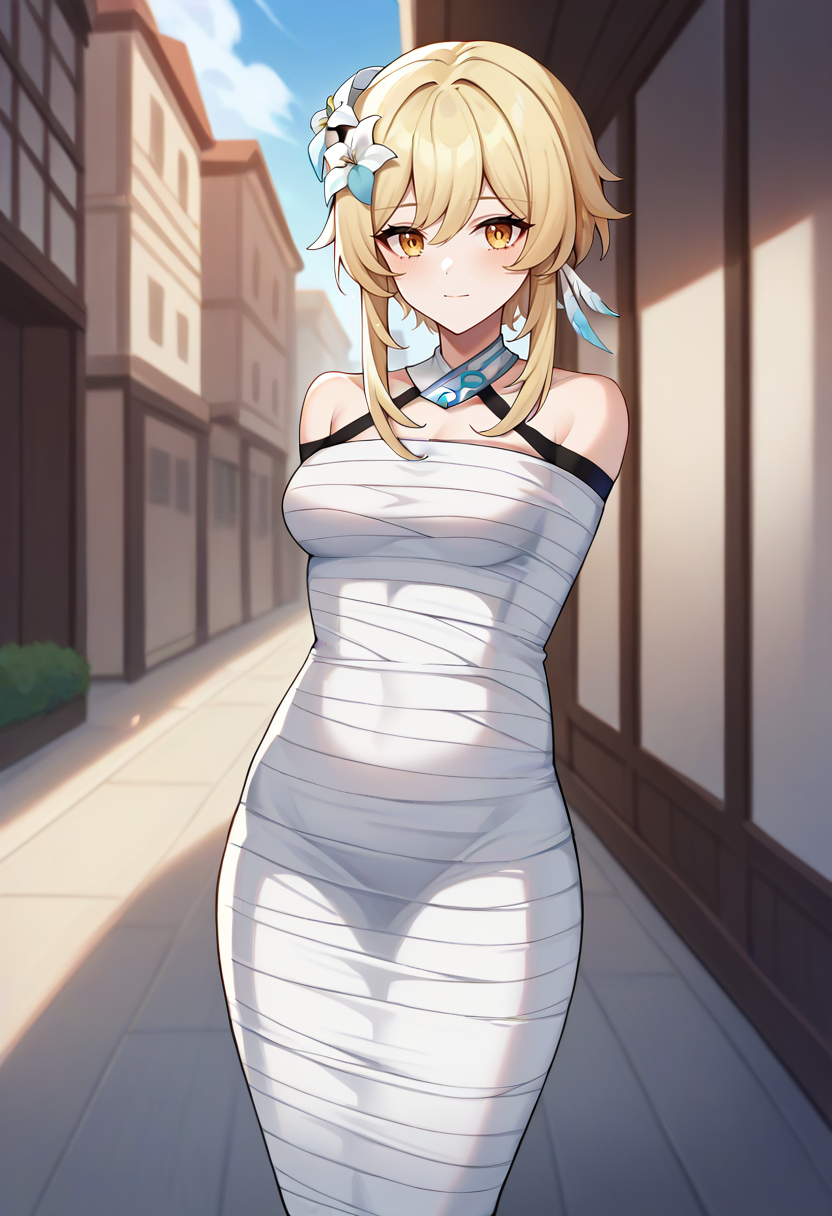 score_9,score_8_up,score_7_up,score_6_up,score_5_up,score_4_up,
lumine_(genshin_impact), genshin_impact, 1girl, blonde_hair, yellow_eyes, breasts,
solo, cowboy shot, outdoors, city, looking at viewer,
mummification \(bound\), restrained, 
<lora:mummyponyxlmerge:1>