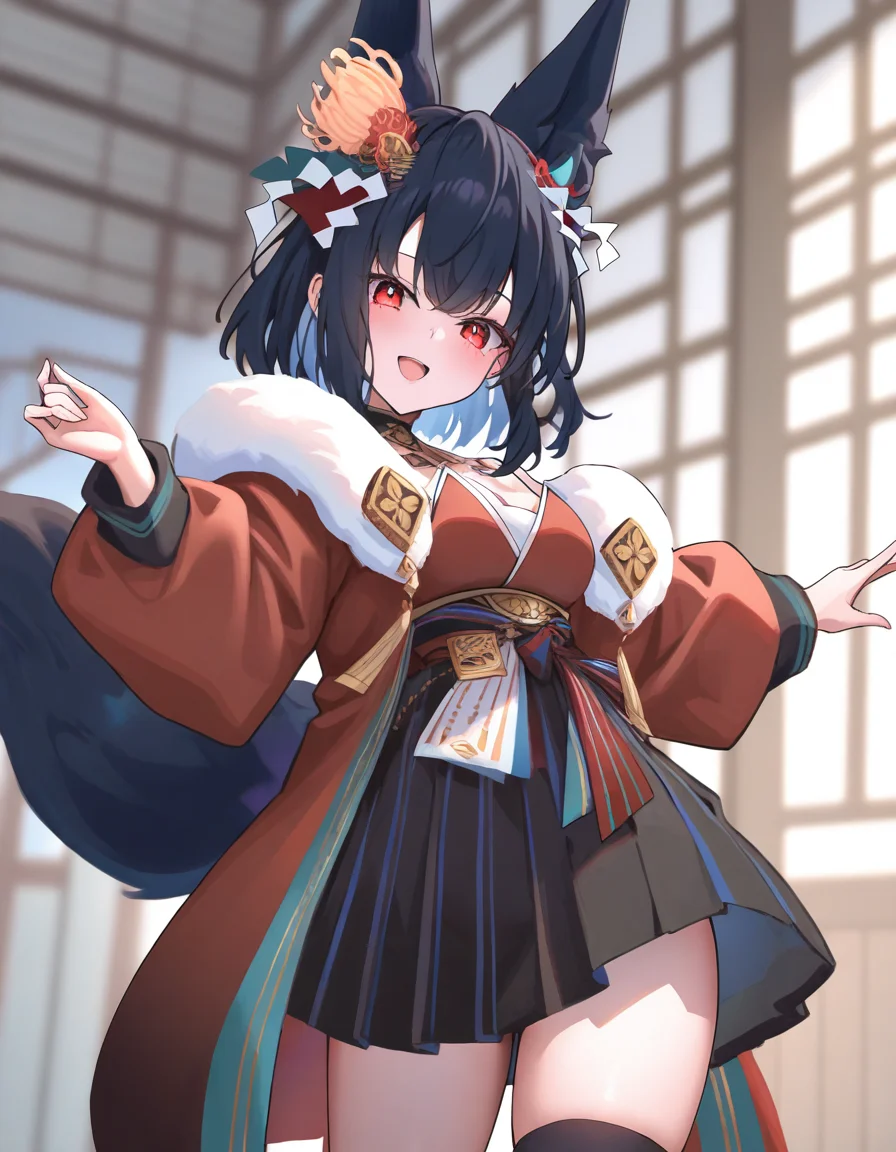 masterpiece,best quality,newest,absurdres,highres,safe,ag-hokutou,fox ears,hair ornament,black hair,red eyes,medium hair,fox tail,<lora:sp-hokutou(noobxl)-000009:1>,