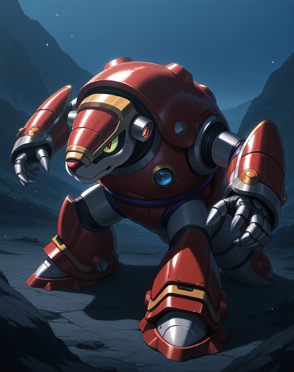 <lora:Armored_Armadillo_(Mega_Man_X)_(Illustrious)_(AD):1> Armored Armadillo, reploid, MMX, 
((
exterior, anime style mine background with spacious open space, heavy industry, 
)), 
male focus, intense shadows, dynamic shadows, intricate details, attention to details, gradient coloring, robot, 
BREAK very awa, masterpiece, best quality, amazing quality, very aesthetic, highres, absurdres, 
EZRealPONYXL, zPDXL, Smooth Quality, lazynsfw,