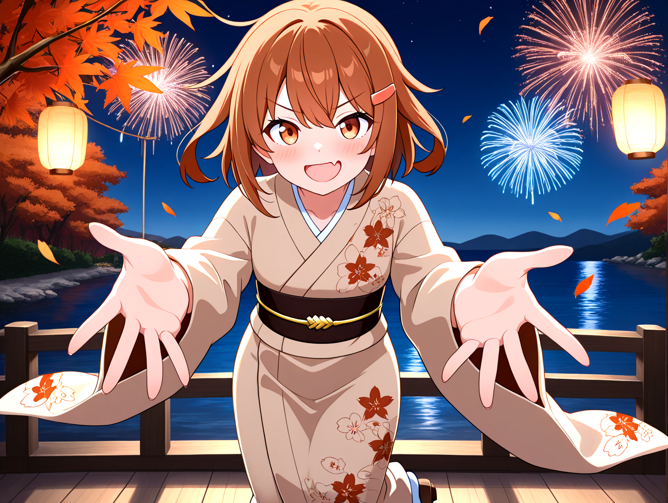 <lora:ikatsuchi-wafuku-000009:1>,ikatsuchi-wafuku,maple leaf floral print yukata,iron III symbol,decorate black obi,golden obijime,brown japanese clothes,brown hair,short hair,1girl,hairclip,solo,hair ornament,fang,wide sleeves,brown eyes,skin fang,alternate costume,tabi,geta,
hanabitaikai,aerial fireworks,colorful,cowboy_shot,solo focus,fireworks,night,sky,maple tree,sea,reflection,floating sakura petals,
paper lantern,
doyagao,open mouth,blush,v-shaped eyebrows,strong smile,gasping,
open hands to reaching towards viewer,leaning forward,
masterpiece,best quality,newest,absurdres,highres,detailed eyes,beautiful,detailed background,perfect eyes,anime coloring,anime screencap,
<lora:add-detail-xl:1>,<lora:ponyv4_noob1_2_adamW-000017:0.8>,wear clothes,