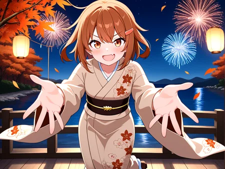 <lora:ikatsuchi-wafuku-000009:1>,ikatsuchi-wafuku,maple leaf floral print yukata,iron III symbol,decorate black obi,golden obijime,brown japanese clothes,brown hair,short hair,1girl,hairclip,solo,hair ornament,fang,wide sleeves,brown eyes,skin fang,alternate costume,tabi,geta,
hanabitaikai,aerial fireworks,colorful,cowboy_shot,solo focus,fireworks,night,sky,maple tree,sea,reflection,floating sakura petals,
paper lantern,
doyagao,open mouth,blush,v-shaped eyebrows,strong smile,gasping,
open hands to reaching towards viewer,leaning forward,
masterpiece,best quality,newest,absurdres,highres,detailed eyes,beautiful,detailed background,perfect eyes,anime coloring,anime screencap,
<lora:add-detail-xl:1>,<lora:ponyv4_noob1_2_adamW-000017:0.8>,wear clothes,
