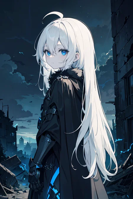 (masterpiece), 1girl, solo, blue eyes, white hair, ahoge, absurdly long hair, pale skin, expressionless, glow, blue trim, black armor, black clouds, dark sky, flat chest, eerie, monochrome, hair between eyes, half-closed eyes, ruins, black castle, blue energy, black cloak, fur-trimmed gauntlets, walking, blue electricity, evil, villain, portrait, from back, looking at viewer, movie poster