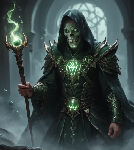 score_9, score_8_up, score_7_up, zPDXL, Powerful scary lich, undead archmage, green skull, holding staff of power, aura of necromancy, green flames, hovering, sharp focus, mysterious, epic, cinematic, dungeons and dragons art, fantasy art, fantasy theme ,orbstaff,<lora:XL_Weapon_Orbstaff_-_By_HailoKnight:0.4>,<lora:Fantasy_Wizard__Witches_PonyV2:0.8>,hkmagic,realistic, realism, highly detailed, perfect quality, high quality, photorealistic, <lora:Concept Art Twilight Style SDXL_LoRA_Pony Diffusion V6 XL:0.8>, <lora:sinfully_stylish_SDXL><lora:hand4:0.8><lora:Expressive_H-000001:0.8>