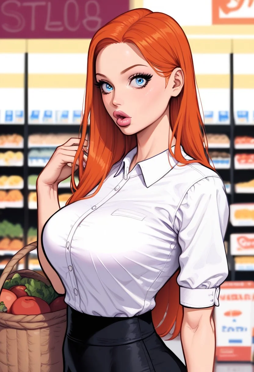 score_9, score_8_up, score_7_up, BREAK, 1girl, Zfive, standing, posing, upper body focus, (looking at viewer), (bimbo:1.2), surprised face, (half body:1.2), Shallow depth of field, under-boo, one hand up,
supermarket, basket with products, white clothes, black tight high heels ,
bloom, ginger hair, long hair, blue eyes, BREAK,
detailed face, supermarket background, market,