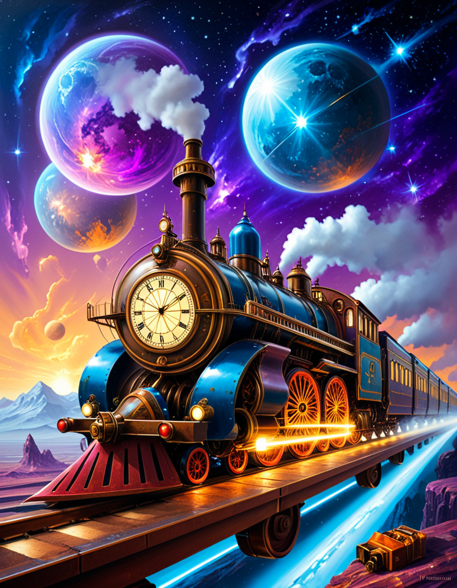 A surreal, steampunk-inspired painting of a fantastical train speeding through deep space, in the distinctive style of JarosÅaw Jasnikowski. The train is elongated, with exaggerated mechanical partsâgears, pistons, brass pipes, and rotating turbinesâinterwoven with intricate ornamentation and impossible engineering. The locomotive defies gravity, riding on luminous rails made of light and energy that twist and spiral into the cosmic void. Stars, nebulae, and strange planetary bodies fill the background, glowing in vibrant hues of violet, blue, and crimson. The train's engine emits streams of golden steam and electric sparks that blend into the surrounding stardust. Elements of surreal architectureâfloating domes, clock towers, and spiresâdrift alongside the train, evoking a dreamlike journey through a mechanical universe. The atmosphere is otherworldly, with dramatic lighting, long shadows, and rich, metallic textures. The entire composition has a dreamlike, metaphysical quality, with exaggerated perspective and impossible physics, capturing Jasnikowskiâs unique visual language.<lora:SDXLFaeTastic2400:0.4> <lora:extremely_detailed:0.4> extremely detailed, <lora:JarosÅaw_J4sn1k0wsk1_r1:1>,JarosÅaw J4sn1k0wsk1, Masterpiece,best quality,hi res,8k,hi res,8k,award winning,(sharp focus, intricate, highly detailed),