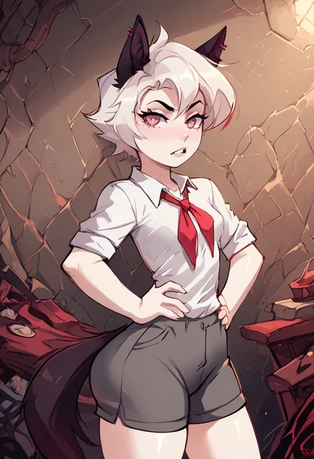 score_4_up, score_6_up, score_9, score_8_up, score_7_up, 1girl, small breasts, big ass. ONLY ONE FEMALE.
Yiffany (Yiffy), white skin, white hair, short hair, black wolf ears, pink eyes, black wolf tail, white shirt, red tie, grey shorts, red piercing, standing, kuudere expression, hands in hips,
Expressiveh, masterpiece, easynegative, high_quality, high_definition, 8k, verybadimagenegative_v1.3. <lora:add-detail-xl:0>, <lora:Expressive_H:1>, <lora:WildcardX-XL-Detail-Enhancer:1>, <lora:DetailedEyes_last:1>, <lora:Squeezer2:1>, EyesHD, Skin indention.
very detailed, very detailed, high detailed texture, cinematic illumination, volumetric lighting sexy, pressured, (color photo):