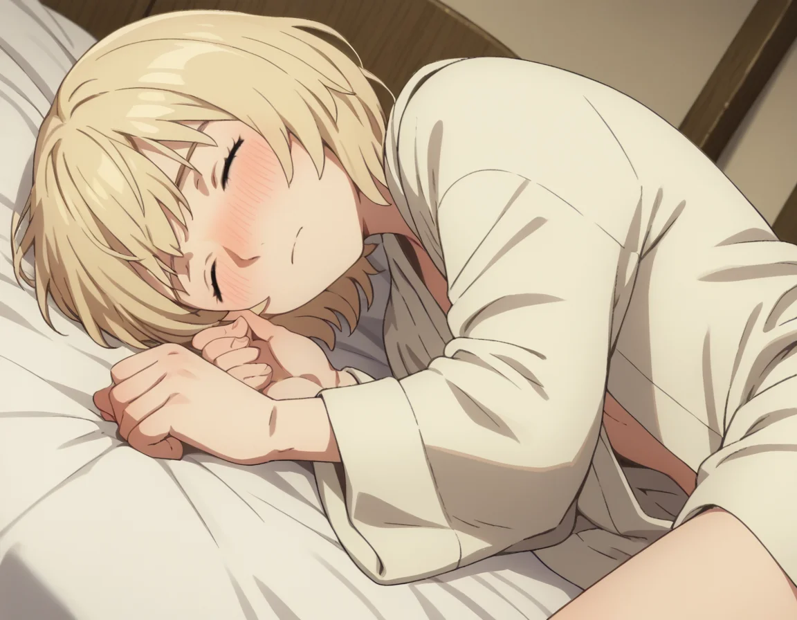 score_9, score_8_up, score_7_up, source_anime,
falintouden, <lora:falin-touden-s1-ponyxl-lora-nochekaiser:1>,
falin touden, short hair, blonde hair, closed eyes,
robe, long sleeves, open clothes,
indoors, bed, bed room, on side, blush, drunk,
looking at viewer, solo, cowboy shot, dutch angle,