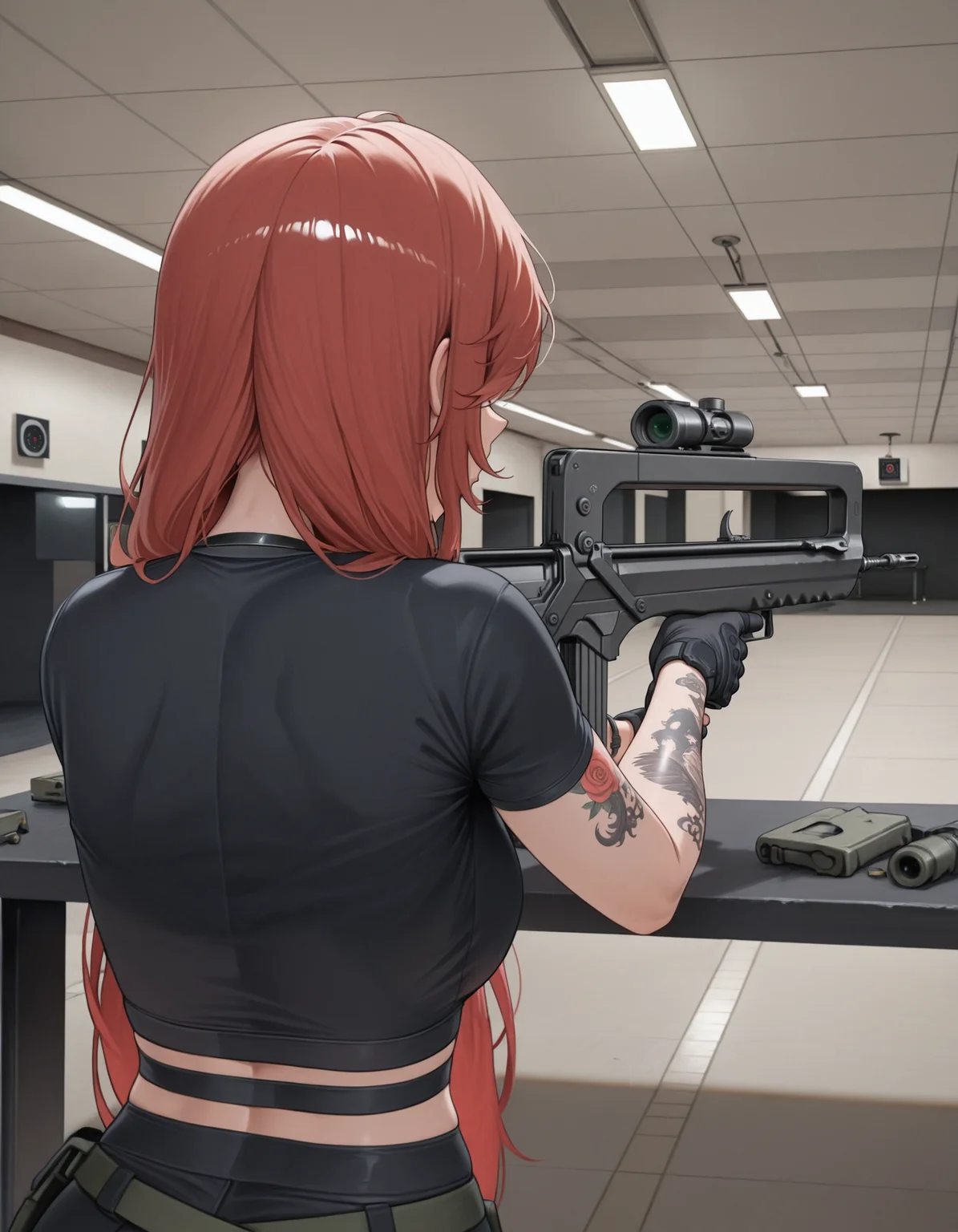 1girl, black crop top, very long hair, red hair, tattoo on arm, <lora:famas_ill_v1.0:1> famas, assault rifle, holding rifle, aiming, <lora:ShootingRangeV2:1> sh00t1ng, shooting range, indoors, table, targets, ceiling light, from behind, angled view,