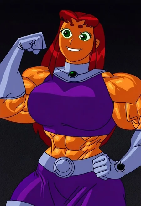 1girl, Koriand'r, red hair, green sclara, orange skin, purple crop top, purple miniskirt, purple thigh boots, gorget, vambraces, purple dress, white elbow gloves, muscular female, big breasts, muscular thighs, solo, confident smile, flexing biceps, black background