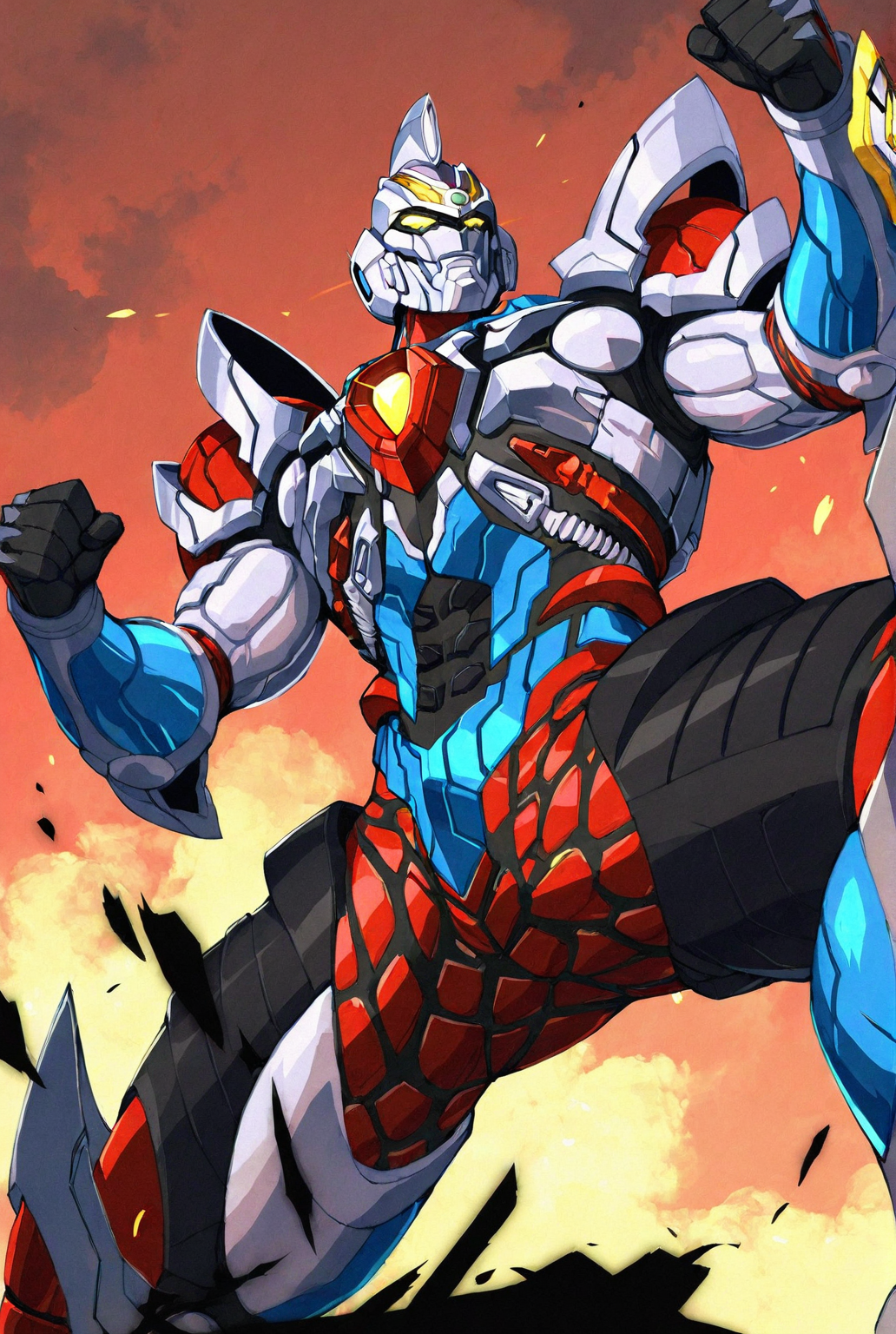 score_9,score_8_up,score_7_up,best quality,ultra-detailed,high resolution,digital painting,8k,1boy,solo, from below,male focus,bara,detailed face,mecha,robot,no humans,science fiction,yellow eyes,tokusatsu,glowing eyes,armor,super robot,spread legs,fighting stance,sky,<lora:add-detail-xl:1>,<lora:SSSS Gridman:0.8>,ssss gridman,