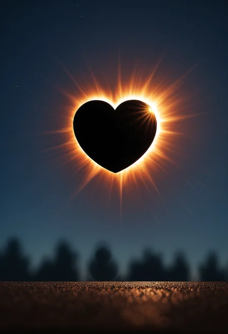 (masterpiece), (best quality), Heart shaped solar eclipse, masterful composition, dynamic volumetric lighting, realistic ray_tracing, reflection, hyperrealistic, shallow depth of field, f/2.4, bokeh,