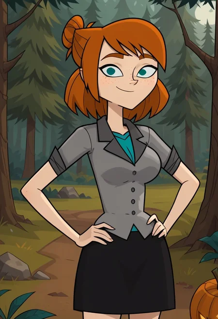 ((Forest background)),score_9, score_8_up, score_7_up,score_6_up, 
1girl, Solo, Ellie_DC, pale skin, teal eyes, freckles, pumpkin hair, shoulder-length hair, hairstyle bun, grey buttoned jacket rolled up sleeves, turquoise t-shirt, black skirt, long socks with black-grey stripes, black boots, big eyes, tall stature, social smile, perfect eyes, perfect smile, looking at the viewer, big breasts, detailed eyes, perfect eyes, cute, standing, (front pose, bust shot, close up to face, face portrait:1) hands on hips