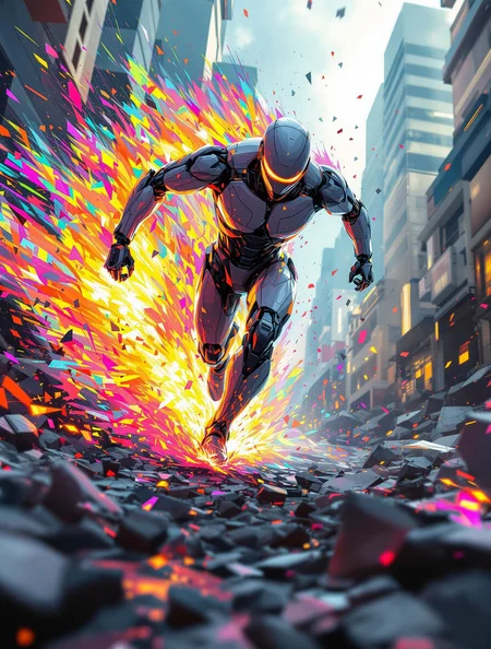 A robot sprinting through a collapsing city of pixel shards, his body trailing colorful brushstroke flames, high-speed glitching motion, electric intensity, vivid colors