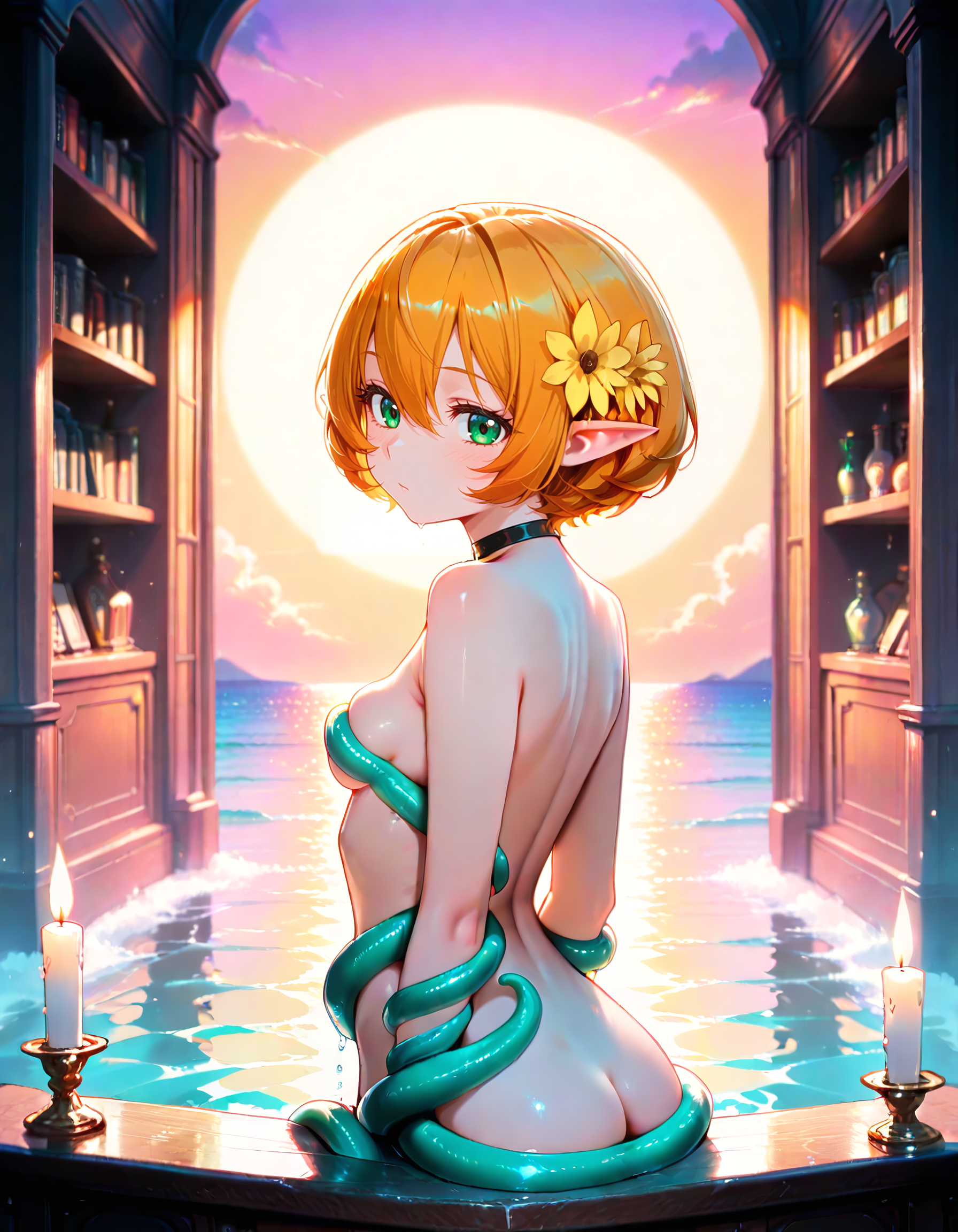Smooth Quality <lora:michelle_IL:1> michelle, short hair, blonde hair, orange hair, hair flower, pointy ears, elf, green eyes, hair between eyes, yellow flower, aged down, small breasts, completeley nude, 1girl, from_behind, ocean, solo, tentacles, twilight, water, candlelit_library, towering_bookshelves, antique_furniture, warm_wood_tones, quiet_ambiance, sultry_pose, (ttk /(kirinottk/):1.1),, <lora:ck-neon-retrowave-IL:1> ck-rw, detailed eyes, detailed face, detailed skin <lora:DetailedEyes_V3:1> <lora:cfg_scale_boost:0.7> <lora:SkindentationIL3.4_alpha16.0_rank32_full_400steps:4> <lora:ponyv6_noobE11_2_adamW:0.7>