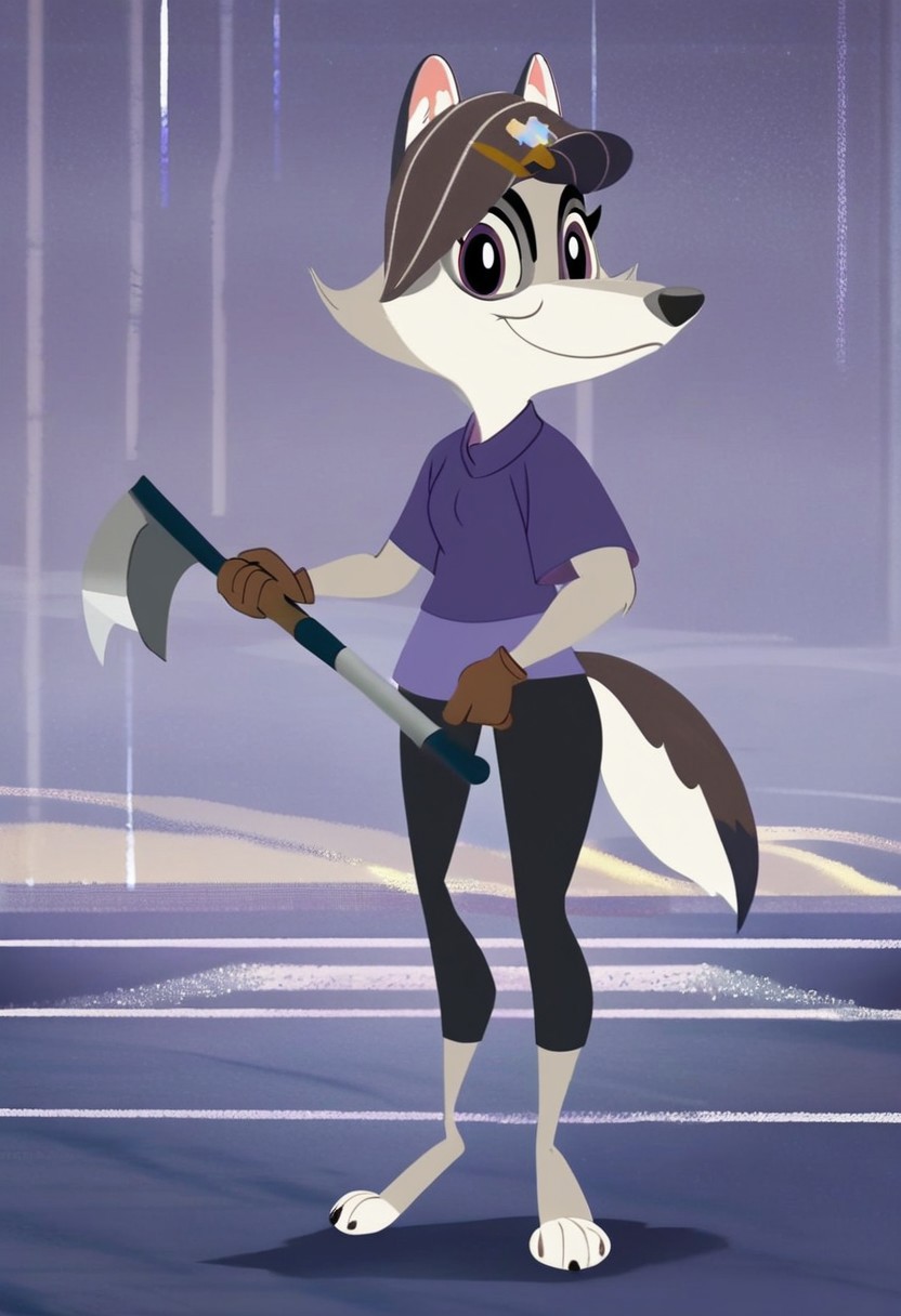 score_9,score_8,score_7,source_furry,
v10l3tw0lf,
furry female, violet_wolf, violet_wolf_great_wolf_lodge, wolf girl, female, 1girl, solo, tail, animal ears, furry, claws, looking at viewer, purple eyes, locomotive cab, locomotive cab background, short sleeves, multicolored hair, hairclip, body fur, artist name, barefoot, purple shirt, official art, official style,
Stable_Yogis_PDXL_Positives, engineer, engineer hat, hat, holding a shovel, brown gloves, gloves, smile,