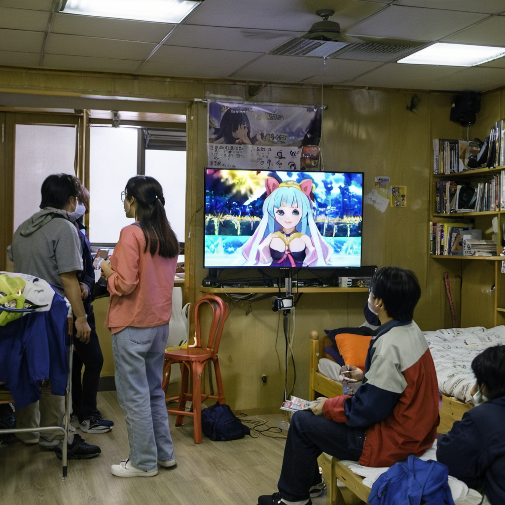 photo of two people watching a tv in a dorm an anime episode depicting a woman dancing <lora:boring-v2:1>