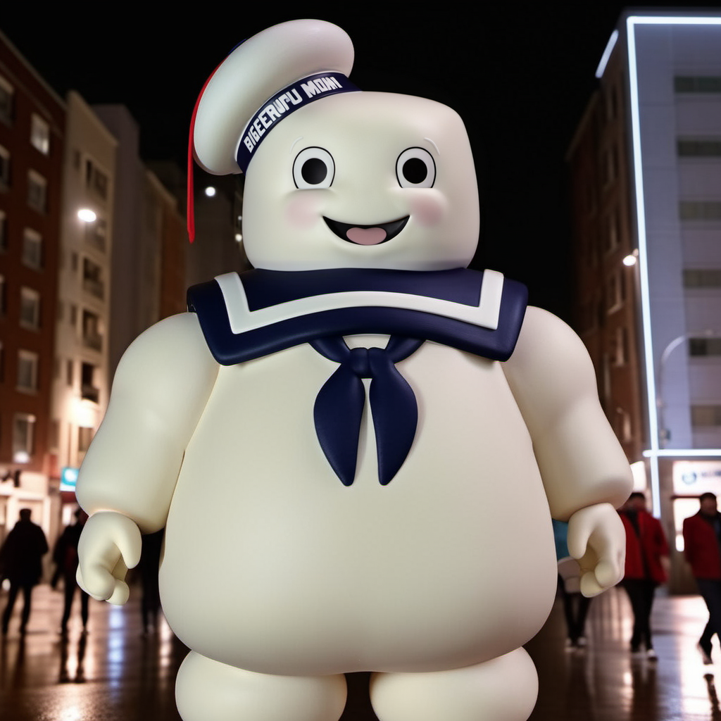 BibendumChamallow1024, a giant with a sailor hat, full body, walks in a city, night , rain , highly detailed, attack on titan, photography, ultra sharp, film, professional, 64k  <lora:BibendumChamallow1024:0.8>