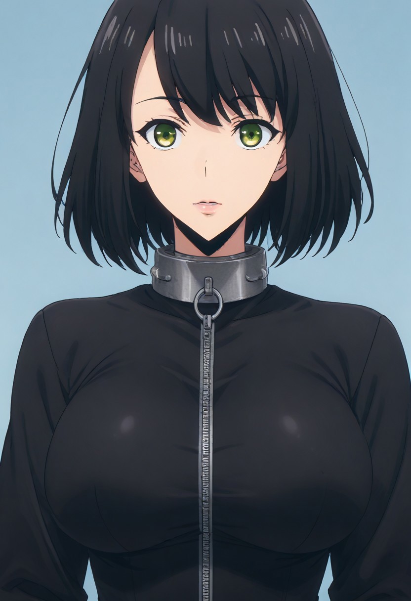 HanSongYiSL - SongYi. 
<lora:neg4all_bdsqlsz_V3.5:2.0>1girl, (solo:1.1), huge breasts, <lora:Han Song iponyxl:1> mole under eye, Glowing green eyes, black hair, medium hair, bangs. 
(upper body with hair covering both ears)
(black latex outfit with zipper on neck)
(O-Ring attached with zipper on neck closing the black latex suit)
(latex long sleeves)
(big breasts cover by latex:1.5) 
(muscular body:1.5) 
(pink lips:1.5) 
(hourglass waist:1.5) 
((Iron collar metal O-Ring))
(hands behind her hips) 
(blue background)
((perfect female figure)) (beautiful detailed eyes, ultra-detailed, intricate details, beautiful detailed face, perfect face).