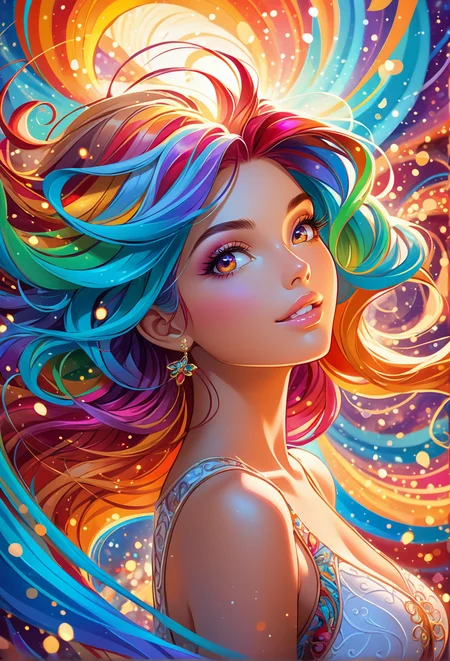 cartoon style, highly detailed, complex composition, woman with flowing multicolored hair, serene expression, glowing background, exaggerated background details, vibrant colors, intricate textures, dynamic lighting, whimsical and dreamy atmosphere, cartoon quality