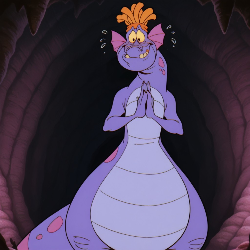 masterpiece, best quality, amazing quality, simon, male, sea dragon, yellow sclera, black eyes, purple skin, pink body spots, pink headfins, colored underbelly, long tail, twin tailfin, striped tail, sharp nails, fat, orange hat, standing, nervous smile, hands together, indoors, cave, solo