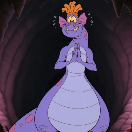 masterpiece, best quality, amazing quality, simon, male, sea dragon, yellow sclera, black eyes, purple skin, pink body spots, pink headfins, colored underbelly, long tail, twin tailfin, striped tail, sharp nails, fat, orange hat, standing, nervous smile, hands together, indoors, cave, solo