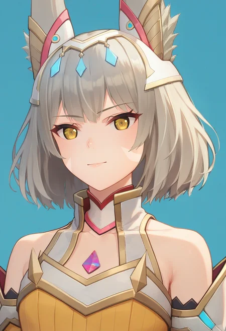 score_9, score_8_up, score_7_up, 1girl, solo, portrait, upper body, nia jewel, lifesage, tailcoat, yellow dress, face marks, tiara, yellow eyes, fox ears, bob cut, nia, blue background, simple background<lora:nia xl 062 fro 95:1>