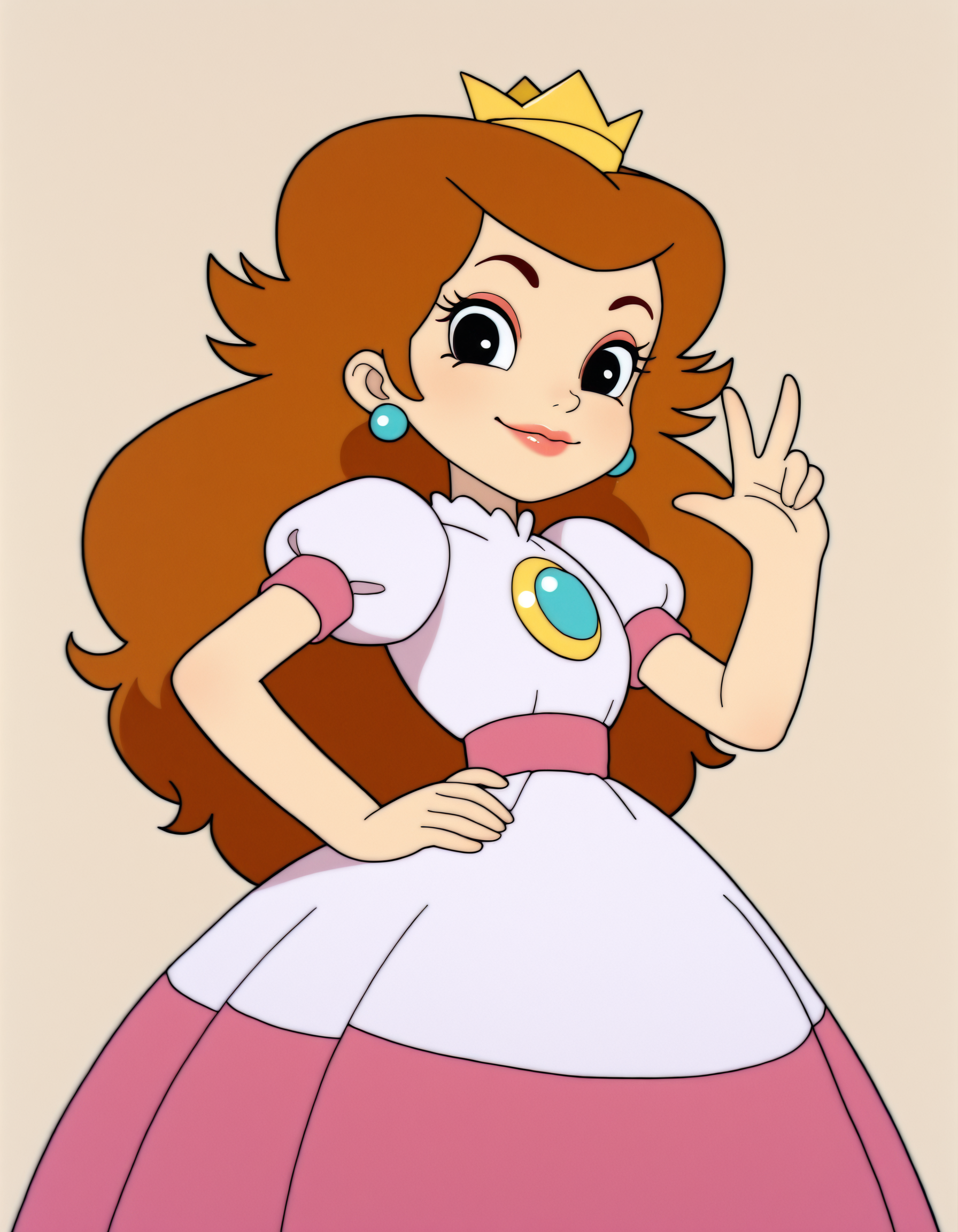 <lora:PrincessToadstoolIllusstrious1.0JLFO:0.8> princess toadstool, 1girl, long hair, , brown hair, solo, earrings, crown, black eyes, l, lips, makeup, pink dress, puffy sleeves, smile, brooch, looking at viewer, hand on own hip, cowboy shot,, masterpiece, best quality, amazing quality, very aesthetic, absurdres,simple background,