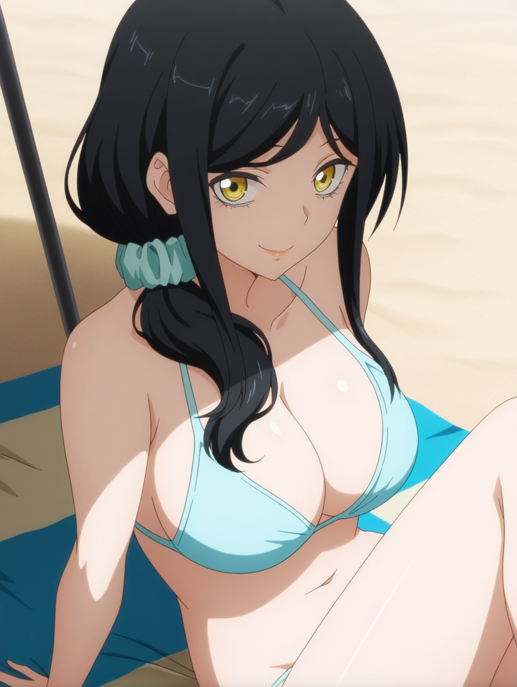 masterpiece, best quality, amazing quality, detailed, anime coloring, <lora:ToukoYotsub_LW:0.8>, ToukoYotsub_LW, anime screenshot, black hair, long hair, scrunchie, yellow eyes, hair scrunchie, hair ornament, hair over shoulder, 1girl, solo, mature female, 
bikini, large breasts, beach, outdoors, sitting, umbrella shade, leaning back, arm support, smile, beach towel, looking at viewer,