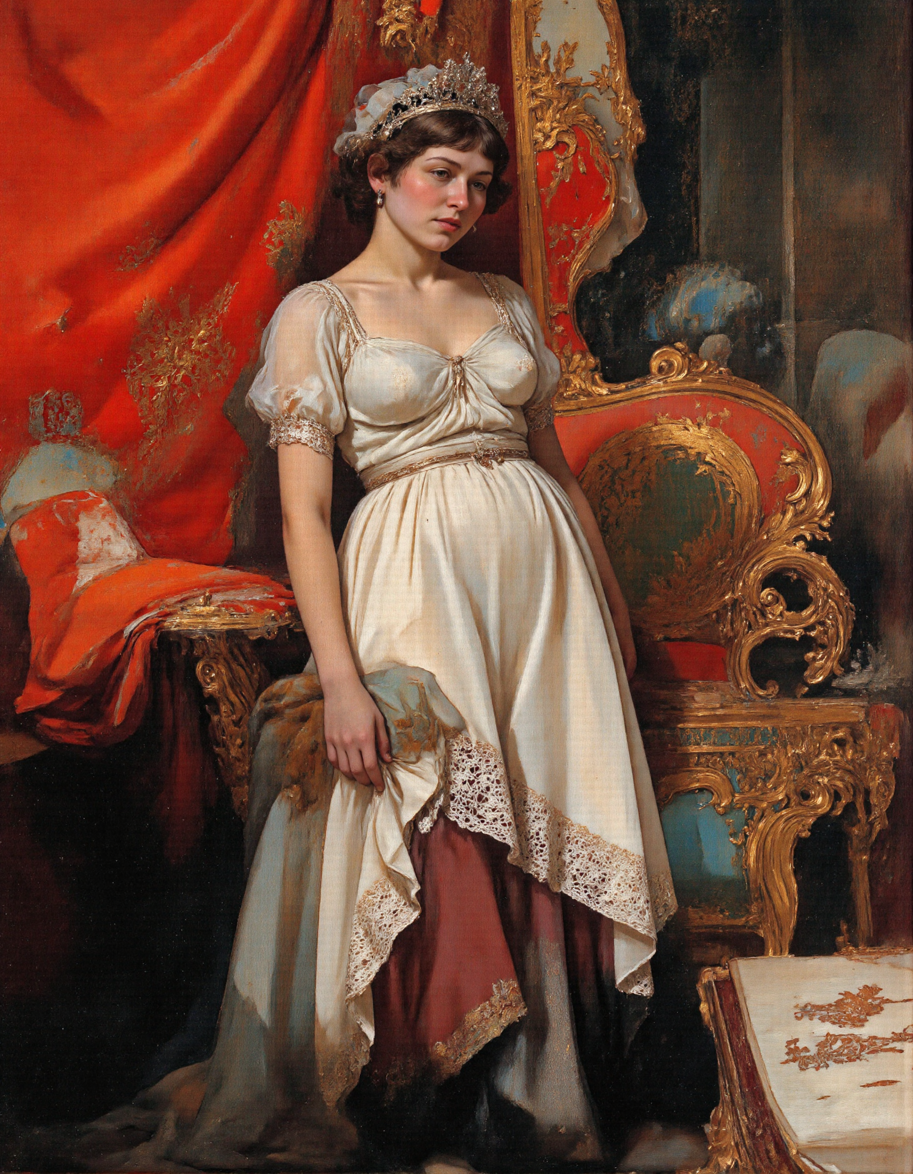 full body shot of <lora:IRNU2:1>, <lora:chzcat:1>, This is a highly detailed, hyper-realistic digital painting of a young woman. The overall style is hyper-realistic, capturing the innocence and curiosity with great detail and emotional depth. Whole outfit, clear, sharp, balanced
