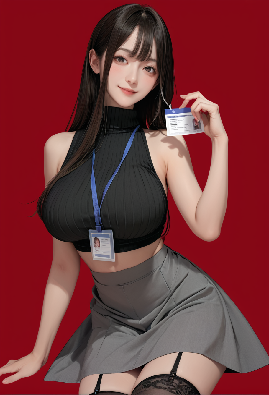 1girl,solo,red background,,ruanyi0897,black thighhighs,garter straps,turtleneck,id card,lanyard,grey skirt,crop top,black sleeveless sweater,<lora:0897 Home wear 3_v1_pony:1>, score_9, score_8_up, score_7_up, score_6_up, score_9, score_8_up, score_7_up, score_6_up source_anime, blush, 1girl, seduce smile, perfect body , natural huge breasts
