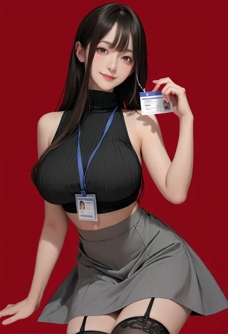1girl,solo,red background,,ruanyi0897,black thighhighs,garter straps,turtleneck,id card,lanyard,grey skirt,crop top,black sleeveless sweater,<lora:0897 Home wear 3_v1_pony:1>, score_9, score_8_up, score_7_up, score_6_up, score_9, score_8_up, score_7_up, score_6_up source_anime, blush, 1girl, seduce smile, perfect body , natural huge breasts