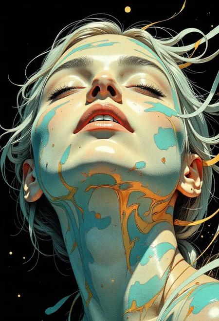 This image is a hyper-realistic CGI artwork depicting a close-up of a woman's face. The woman has fair skin and long, platinum blonde hair pulled back, with her eyes closed and lips slightly parted. Her face is covered in a dynamic, abstract pattern of teal and gold streaks, creating a sense of movement and energy. The streaks appear to be light trails, giving the impression of motion or energy flowing over her face. The teal streaks are sharp and linear, while the gold streaks are more diffuse and blend into the background. The background is completely black, making the teal and gold streaks stand out vividly. The texture of the skin is smooth and detailed, with highlights and shadows enhancing the realism. The woman's eyelashes are long and dark, and her lips are painted a soft coral pink, adding to the striking visual contrast. The overall style of the artwork is modern and avant-garde, blending elements of abstract expressionism with digital art techniques. The image evokes a sense of intense emotion or energy, and the dynamic composition draws the viewer's attention to the woman's face, making it the focal point of the piece.