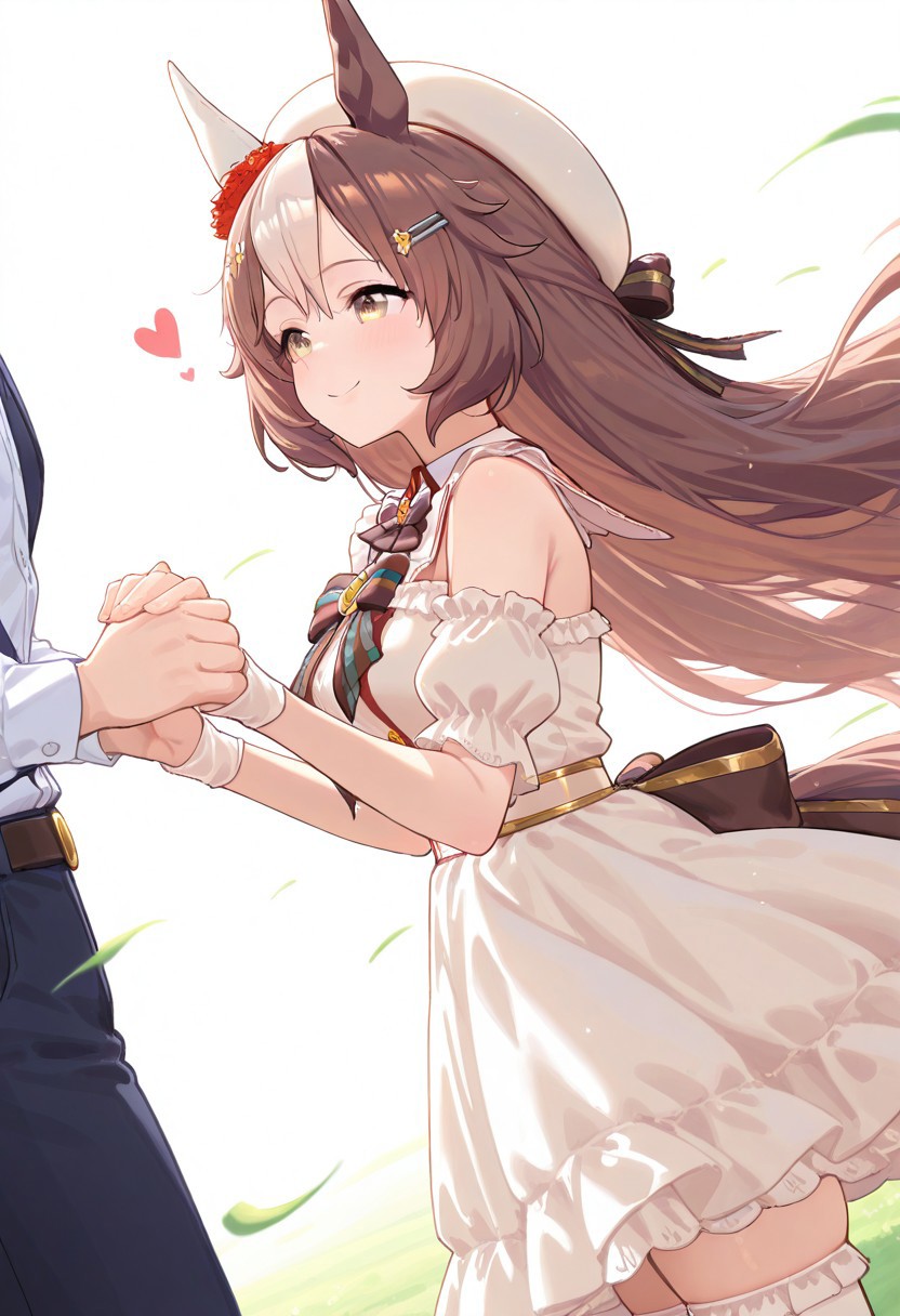 masterpiece,best quality,newest,extremely detailed,highres, absurdres, amazing quality,
yamanin_zephyr_(umamusume), 1girl, horse ears, horse girl, very long hair, brown hair, multicolored hair, hair between eyes, white hair, two-tone hair,
yam963valentine, hat, beret, white dress, white shirt, heart, frills, hairclip, bow, detached sleeves, thighhighs, white headwear, puffy short sleeves, smile, from side, wind flow, look away, hand holding hat, sepia