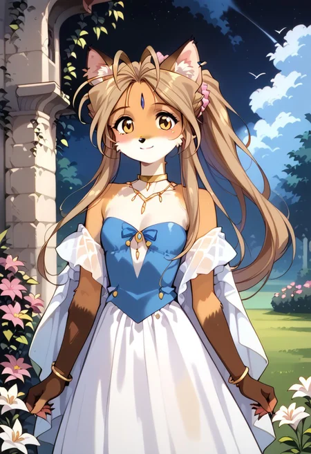 masterpiece, best quality, very detailed,score_9, score_8_up, score_7_up, source_anime, 1girl, solo, looking at viewer, Belldandy, Belldandy as a fox, long fox ears, with ear fluff, animal nose, dirty blonde hair color,long hair, fox tail, golden eyes, with cheek fluff, round face, (hand pose, standing:1.2), adorable, youthful appearance, cute bodytype, small body, petite body, flat chest, cute, toon, petite, small, cute, toon, petite, small, cute petite, small torso, petite, looking at viewer, flirty facial expression, dress, jewelry, earrings, bracelet, cleavage, blue dress, white dress, fingerless gloves, dethatched wings, dethatched angel wings, choker, collarbone, bare shoulders, gold choker, strapless, shawl, gold trim, wind lift, outdoors, garden, low light, dramatic lighting, night, bush, large stone castle in background, contrapposto, legs apart, standing, hip focus, cowboy shot, grass, flower, pink flower, light smile, closed mouth, stain remover, hair ornament, flower, lily, solo, haplogroup D1a1a1, high quality, masterpiece, portrait, Hmong, Expressive, retro art style, Vintage, 1990s \(style\) (female anthro: 1.2), <Anthro Fox Lora for Pony:0.6>, <lora:princess_xl_v2:0.75 > <lora:OldAnimeStyle_XL_v3:0.5> <lora:Expressive_H:1>