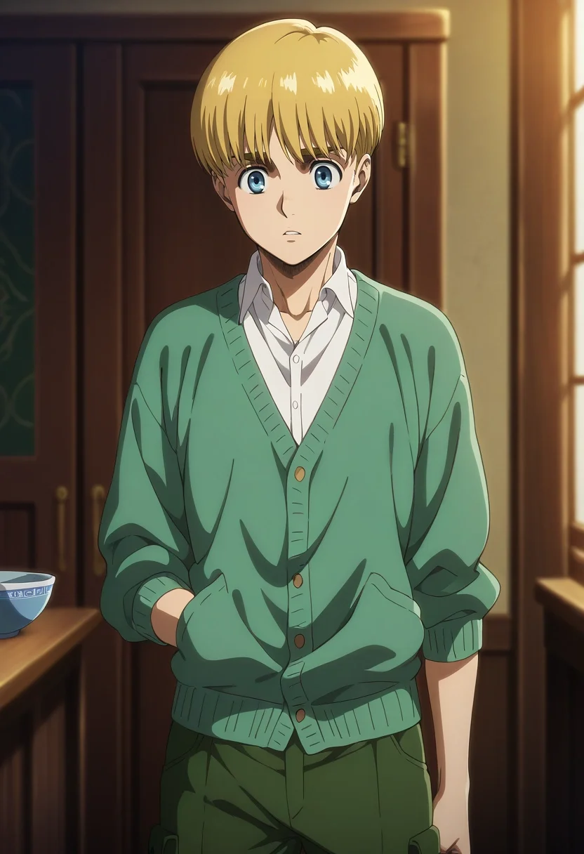 masterpiece, best quality, intricate details, anime screencap, , , , depth of field, 1boy, solo, male focus, <lora:armin_arlert_ilxl:0.94>, armin_arlert, blonde hair, blue eyes, very short hair, bowl cut, bangs, , , Slim-fit cargo pants, Henley cardigan, , ,