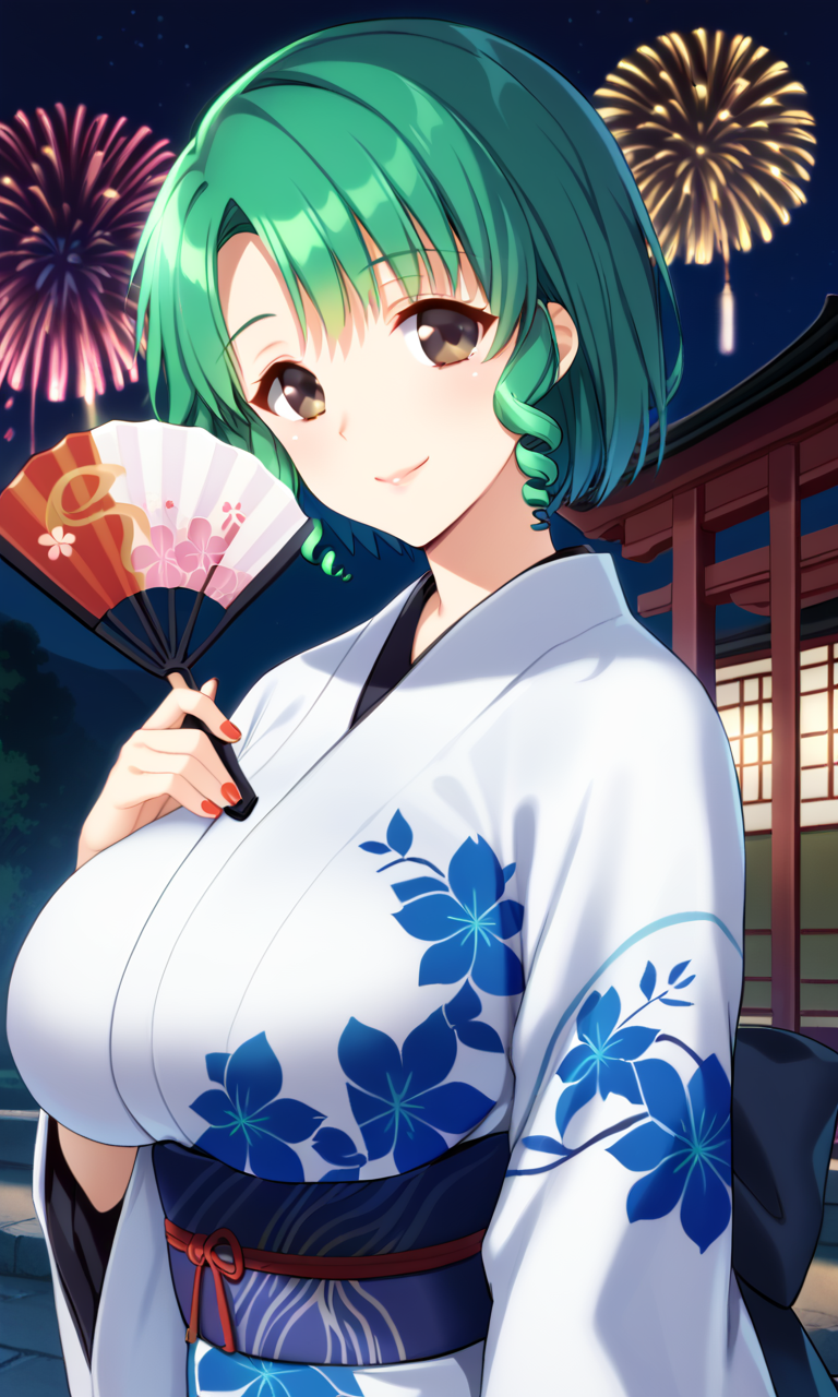 score_9, score_8_up, score_7_up, BREAK chih, 1girl, print kimono, japanese clothes, hand fan, holding fan, aerial fireworks, yukata, floral print, green hair, brown eyes, paper fan, white kimono, uchiwa, smile, looking at viewer, drill hair, dutch angle, outdoors, sash, upper body, obi, short hair, night sky, large breasts, closed mouth,nail polish, wide sleeves, blush, long sleeves,<lora:Chiharu-000013:1>