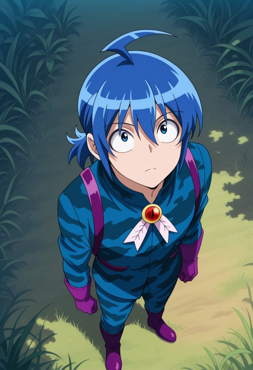 masterpiece,best quality,amazing quality, source_anime,
IrumaSuzuki, 1boy, blue hair, blue eyes, male focus, solo, ahoge, looking up, from above, grass, looking at viewer, outdoors, ponytail, , jacket, camouflage jacket, blue jacket, brooch, gloves, purple gloves, pants, camouflage pants, blue pants,, boots, purple footwear
outdoor, nature,